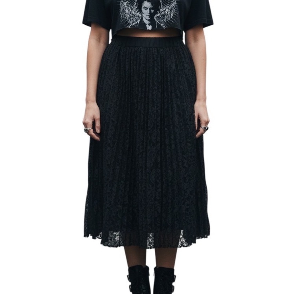 Starina Black Lace Crinkle Midi Skirt Medium Elastic Waist Boho Goth Lining